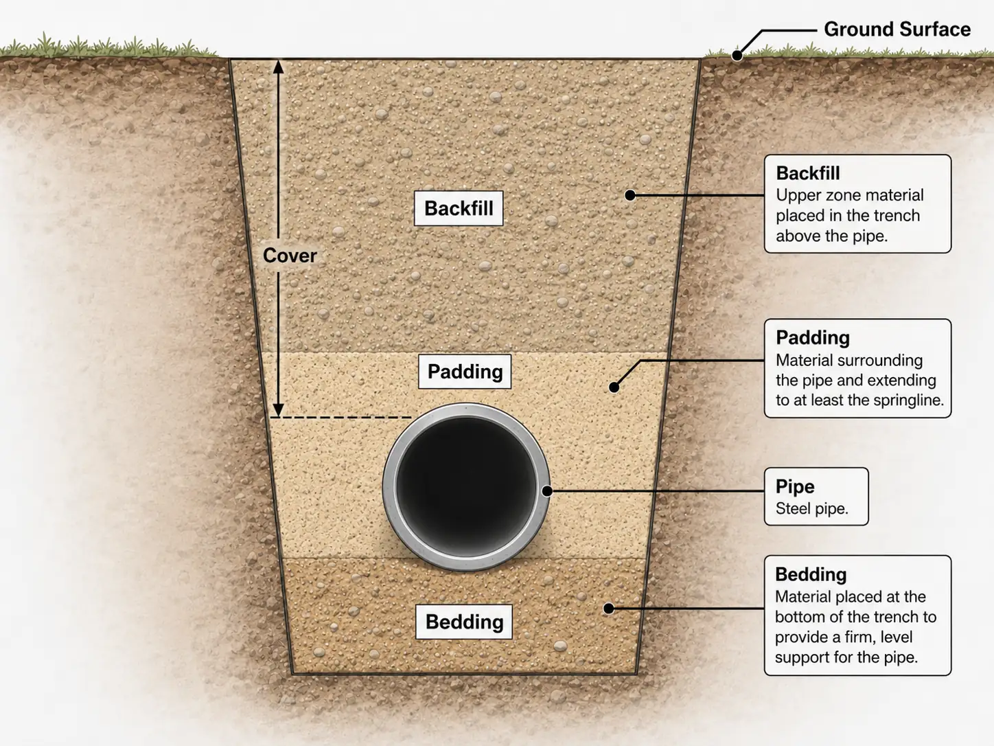 Engineering cross-section of a pipeline trench showing the cover dimension from ground surface to top of pipe, with labeled backfill, padding, steel pipe, and bedding zones