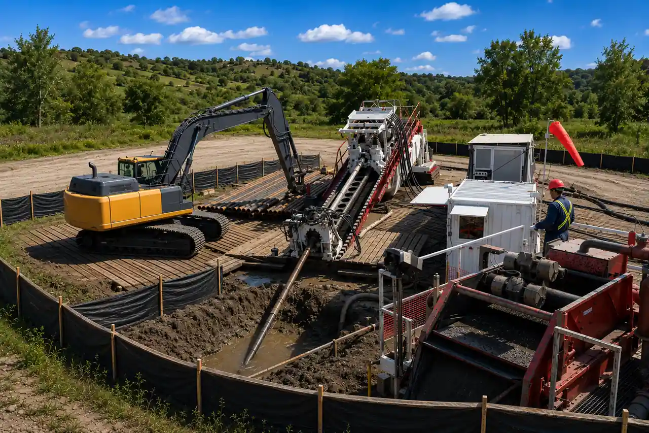 Horizontal directional drilling rig set up at the entry point, with drill pipe racked, an excavator, mud pumps, and the entry pit under a silt fence
